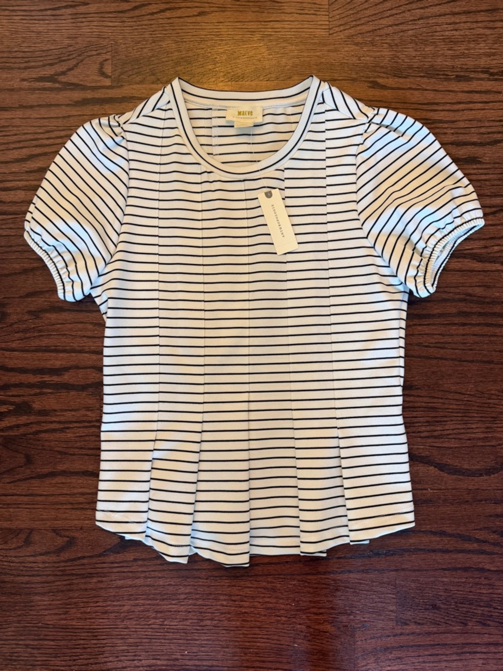Maeve White & Black Striped Puff-Sleeve Top
